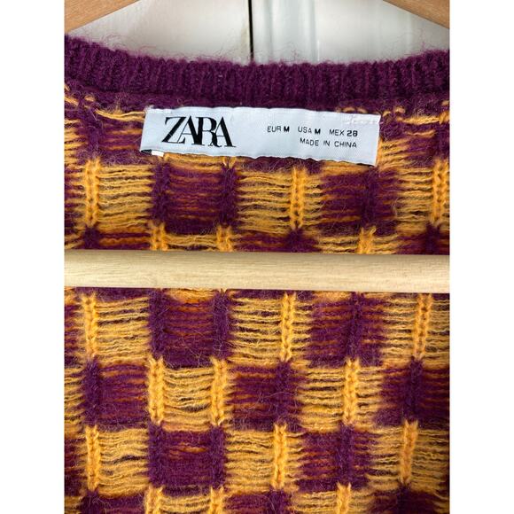 Zara Women's M Purple Orange Check Scoop Neck Crop Cardigan Sweater * - Picture 2 of 4